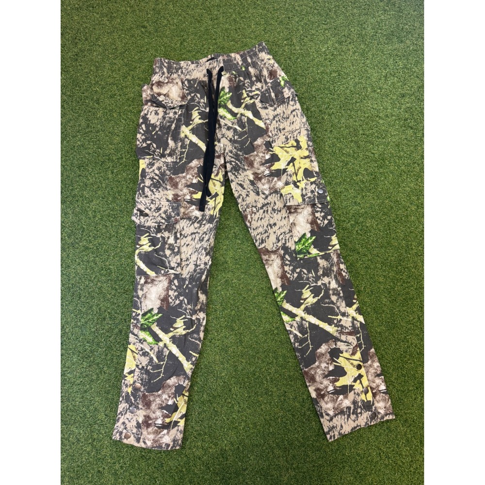 Tree Bark Camo Cargo Pants‎ Small Green Brown Snap Hem Streetwear